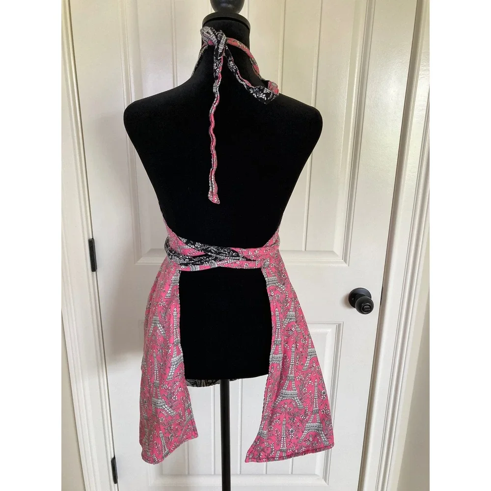 Pink Black Reversible Eiffel Tower Paris Floral Apron Polka Dot Trim Pockets‎